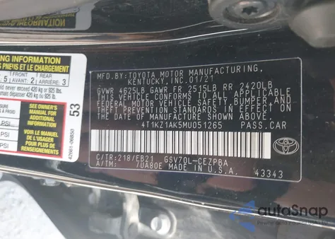 2021 Toyota Camry Trd z USA, uszkodzony, nr VIN 4T1KZ1AK5MU051265